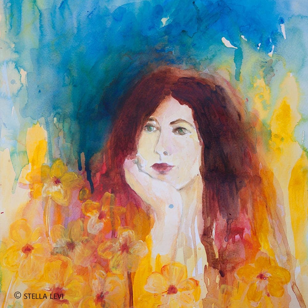Watercolor portrait of a red-haired woman among yellow flowers