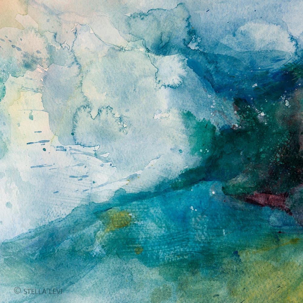 Abstract watercolor of a stormy sea in blues and greens