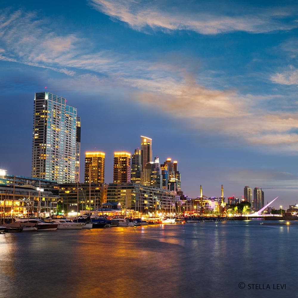Photo of the Puerto Madero skyline in Buenos Aires at dusk